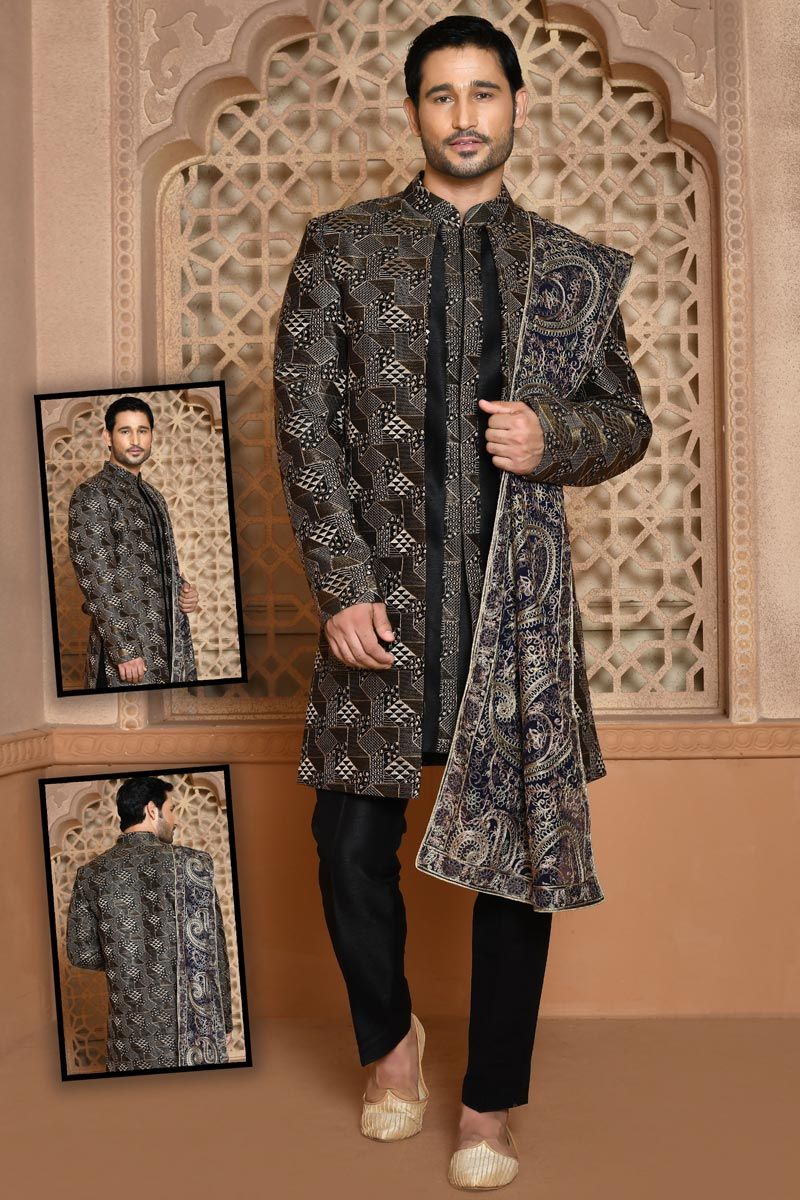 Fascinating Black Wedding Wear Banarasi Silk Sherwani