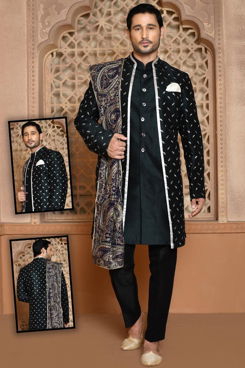 Teal Wedding Wear Trendy Textured Banarasi Silk Sherwani