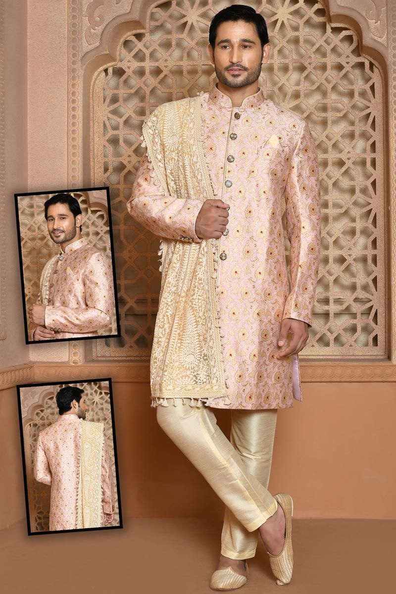 Marvellous Wedding Wear Banarasi Silk Sherwani In Pink Color