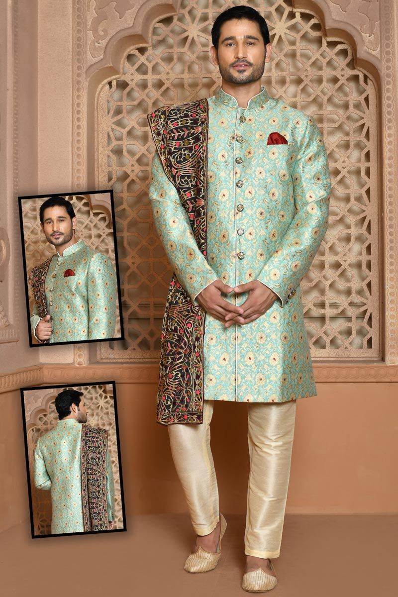 Sea Green Beguiling Wedding Wear Banarasi Silk Sherwani