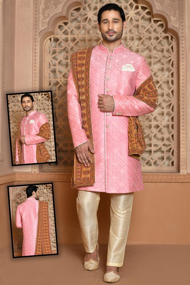 Pink Ravishing Wedding Wear Banarasi Silk Sherwani