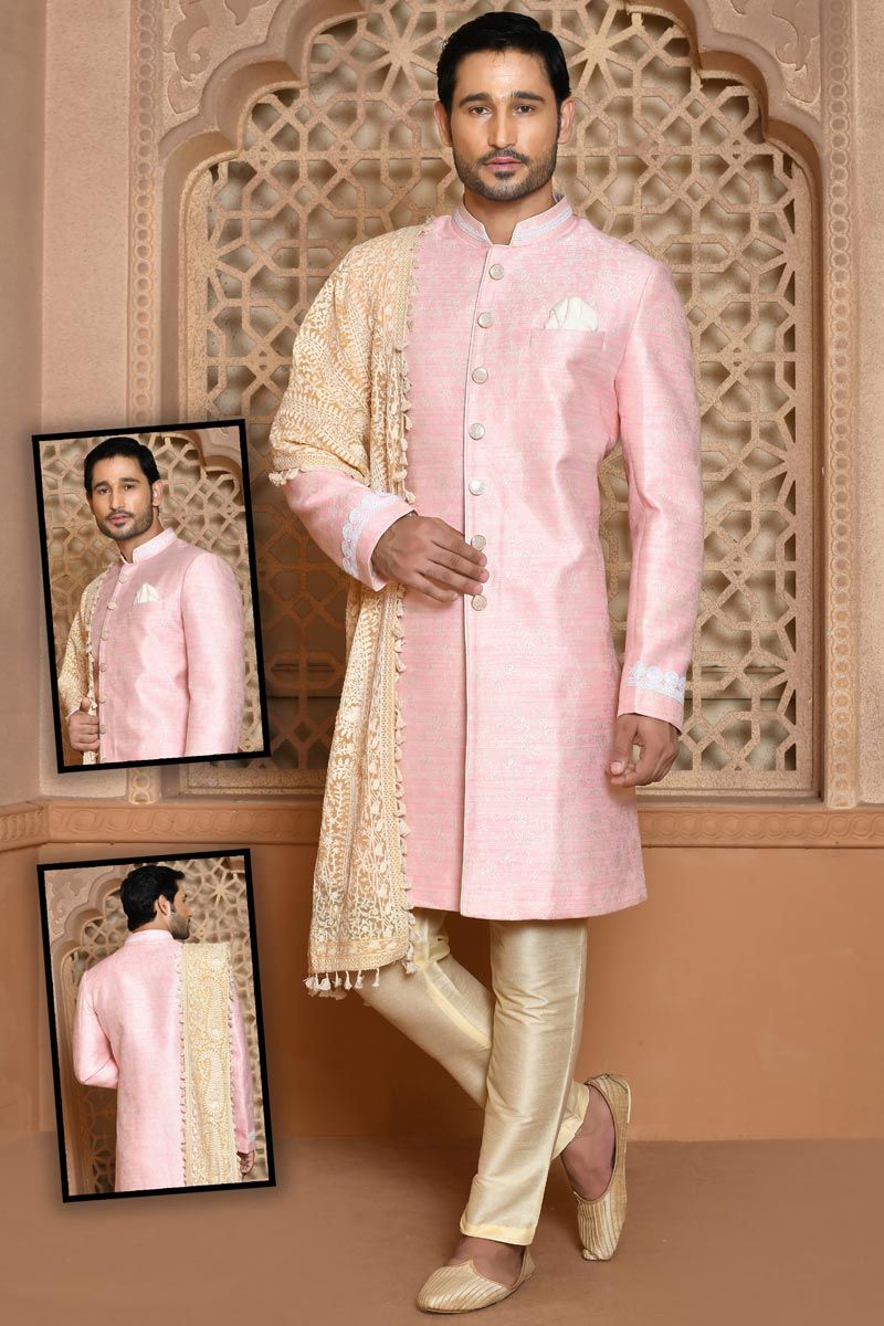 Pink Tempting Wedding Wear Banarasi Silk Sherwani