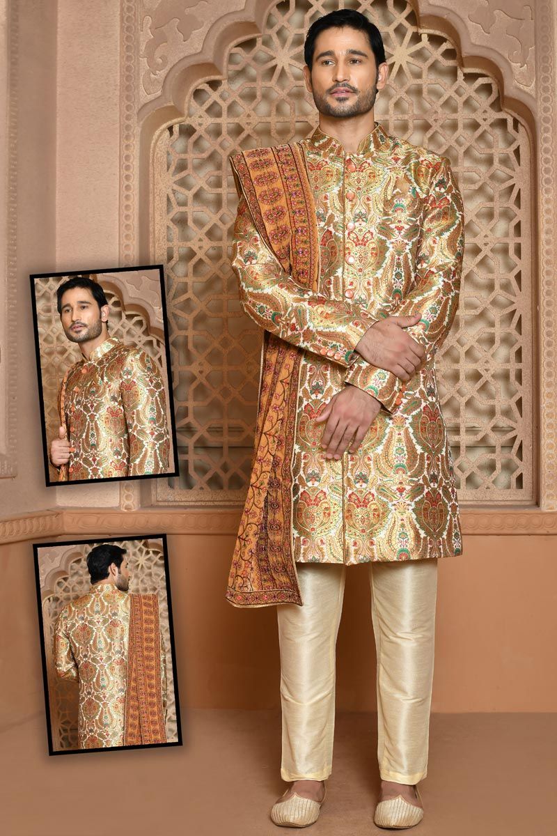 Cream Wedding Wear Extravagant Banarasi Silk Sherwani