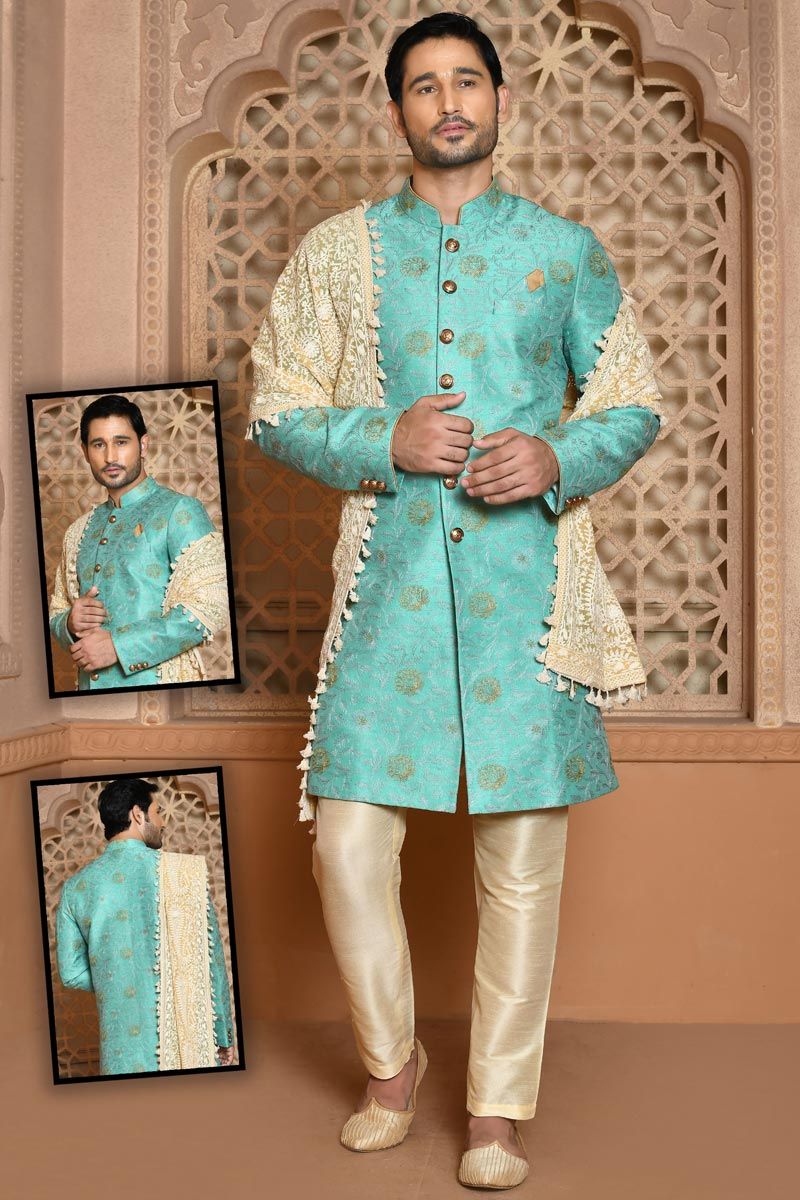 Dazzling Sky Blue Wedding Wear Banarasi Silk Sherwani