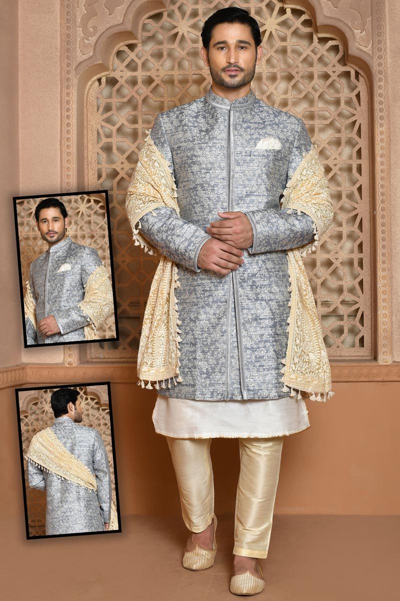 Grey Wedding Wear Excellent Banarasi Silk Sherwani