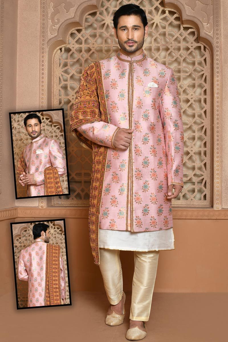 Navy Blue Stunning Wedding Wear Banarasi Silk Sherwani