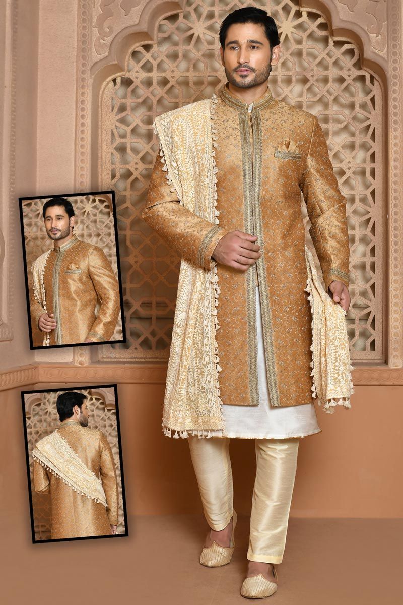 Pleasance Chikoo Wedding Wear Banarasi Silk Sherwani