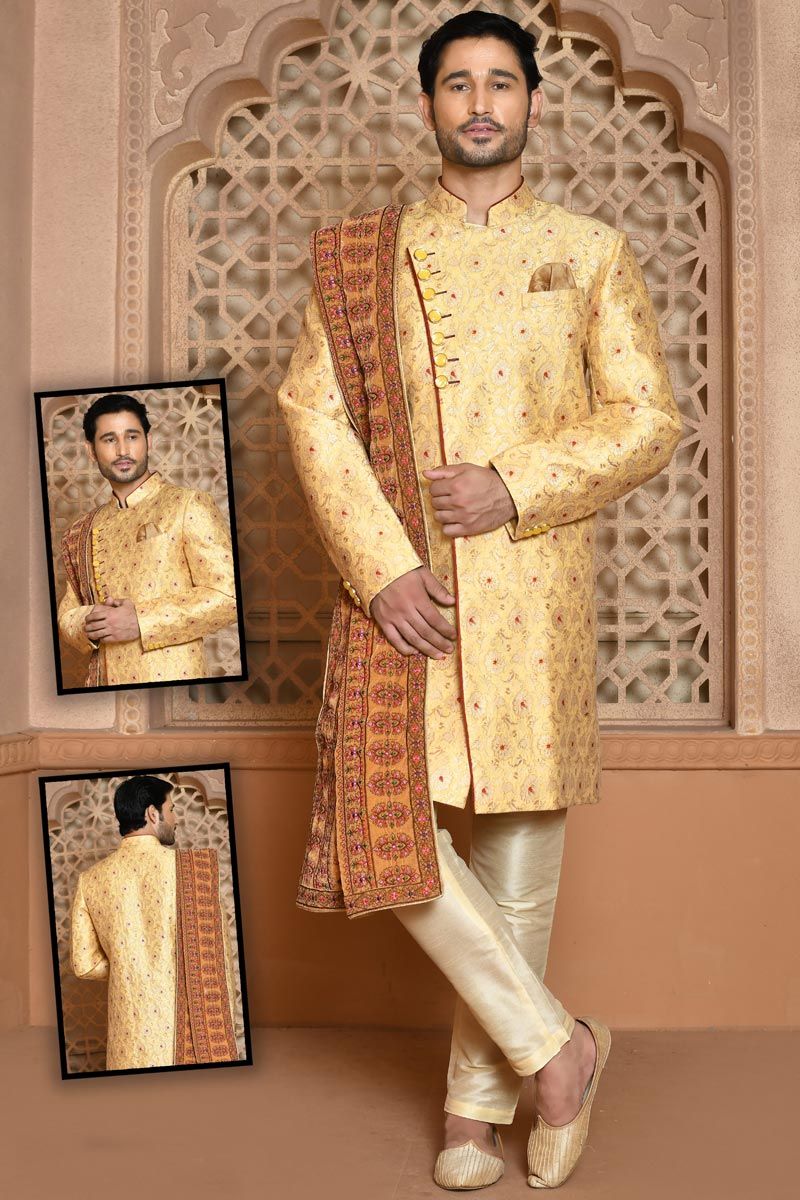 Golden Wedding Wear Charismatic Banarasi Silk Sherwani