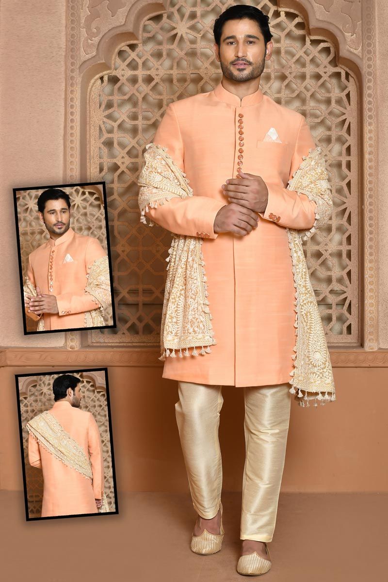 Orange Vivacious Banarasi Silk Sherwani In Wedding Wear