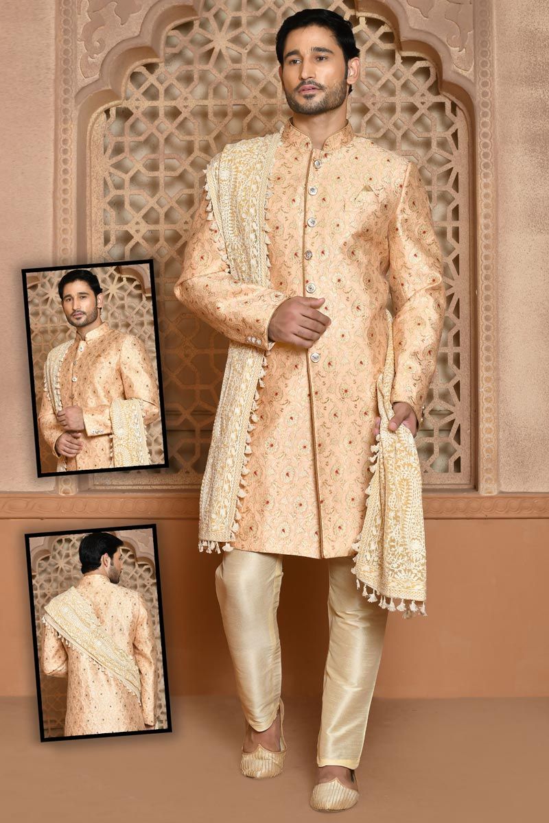 Vintage Peach Wedding Wear Banarasi Silk Sherwani