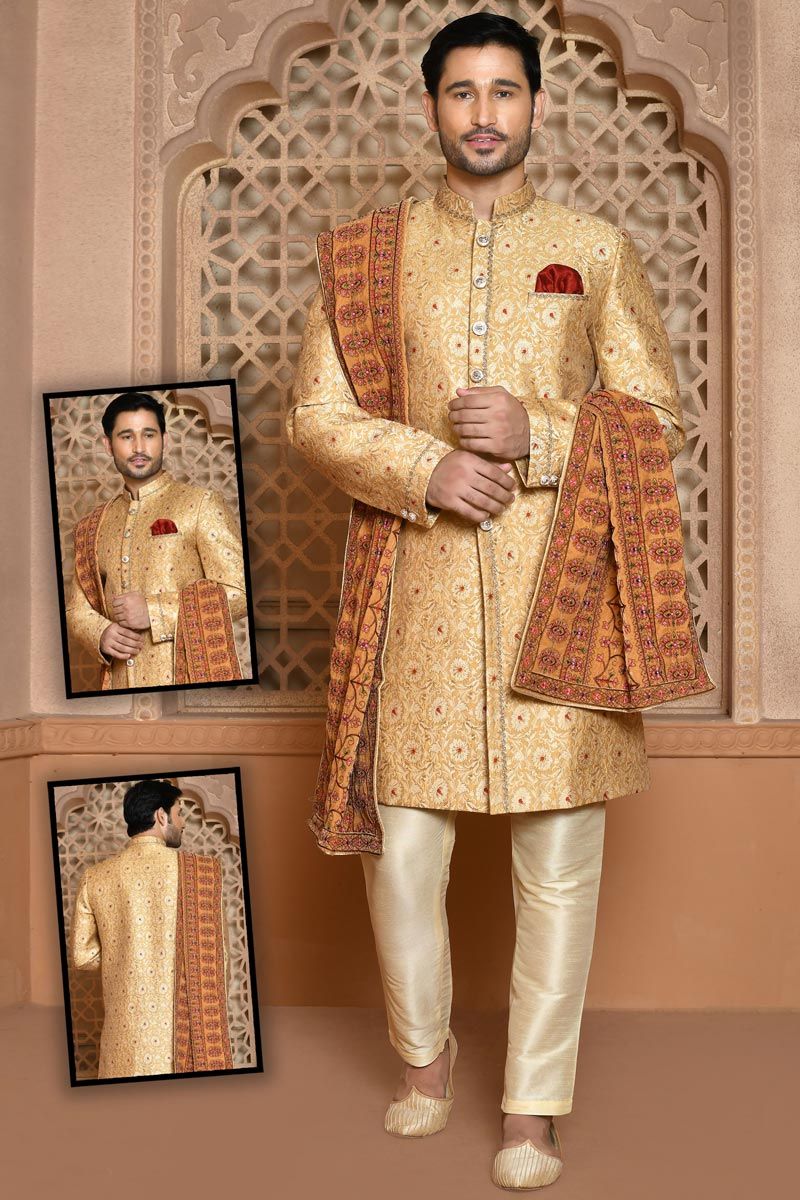 Intriguing Golden Wedding Wear Banarasi Silk Sherwani