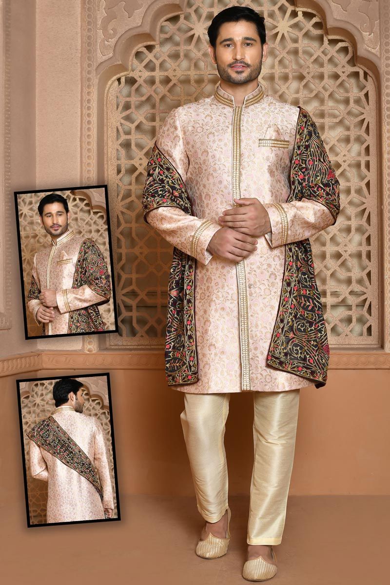 Provocative Pink Wedding Wear Banarasi Silk Sherwani