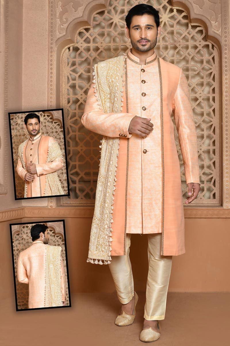 Orange Wedding Wear Mesmeric Banarasi Silk Sherwani