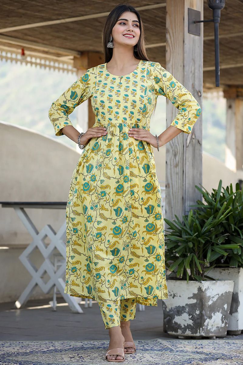 Excellent Yellow Color Printed Cotton Kurti With Bottom