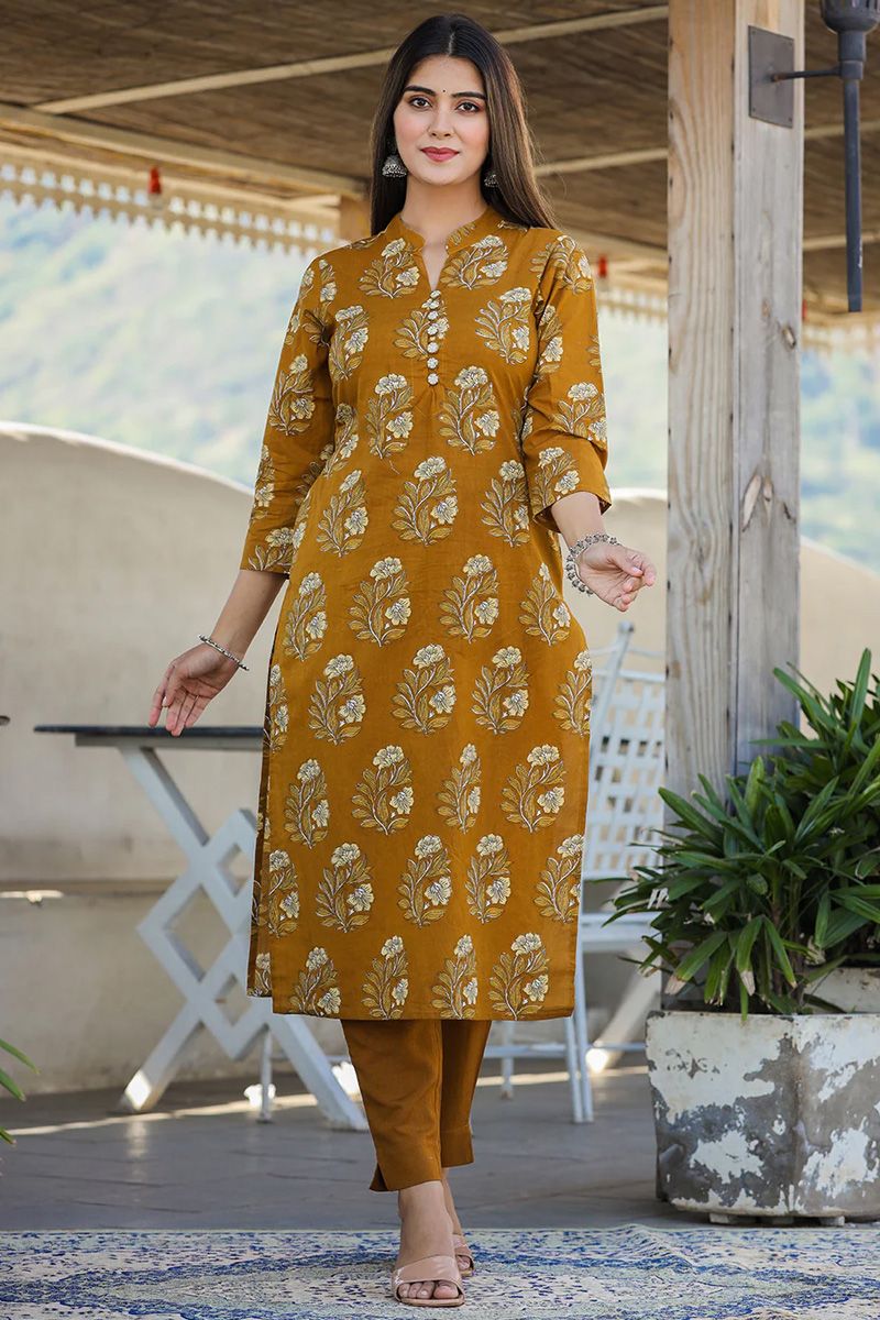 Beguiling Mustard Color Printed Cotton Kurti With Bottom