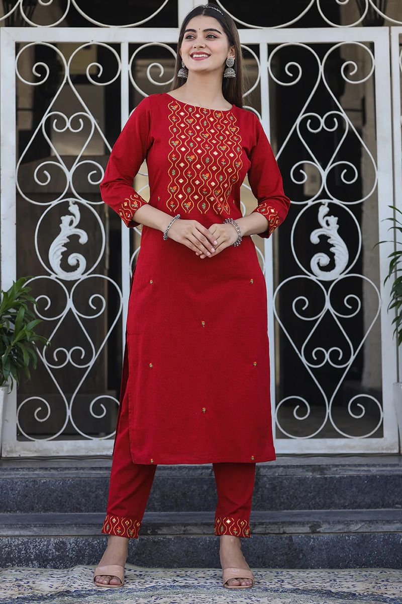 Dazzling Maroon Color Embroidered Cotton Kurti With Bottom