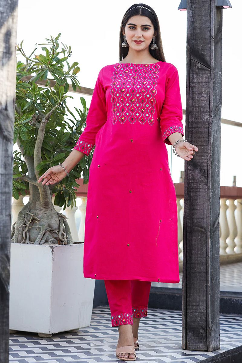 Pink Color Winsome Embroidered Cotton Kurti With Bottom