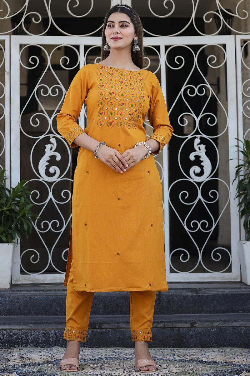 Creative Embroidered Cotton Kurti With Bottom In Yellow Color