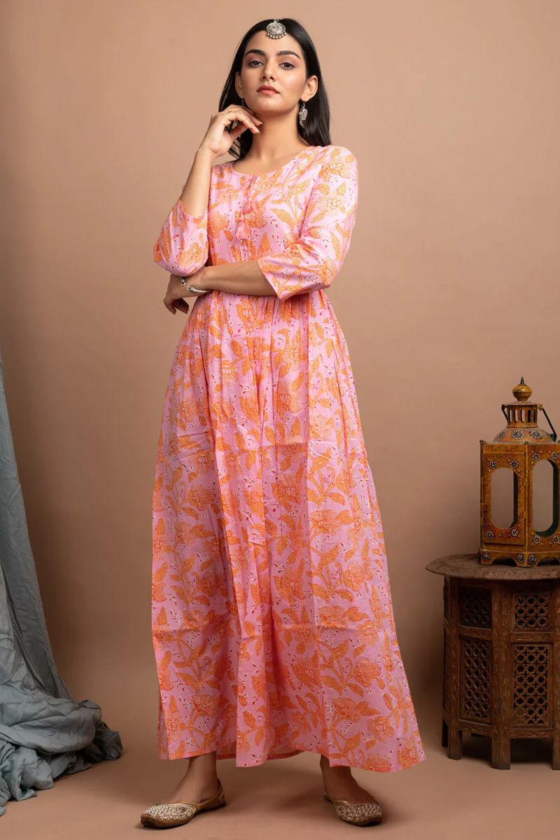 Pink Color Soothing Festival Wear Cotton Gown