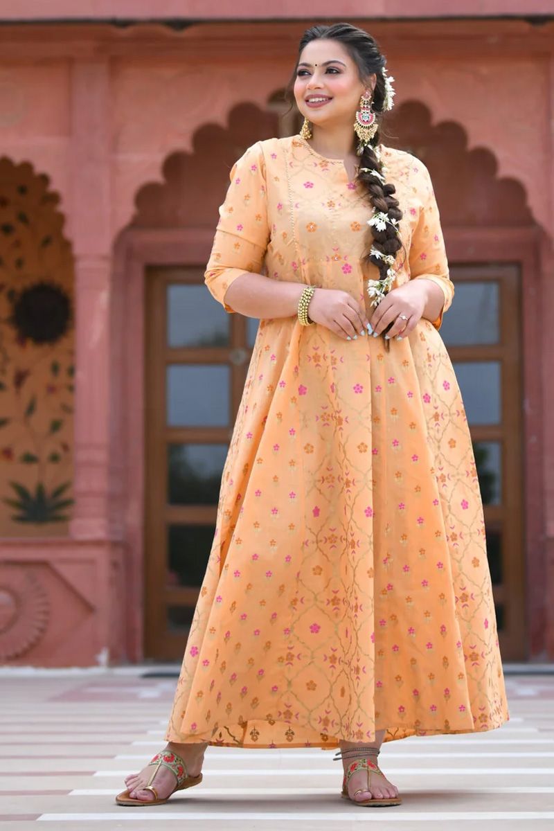 Peach Color Attractive Festival Wear Cotton Gown