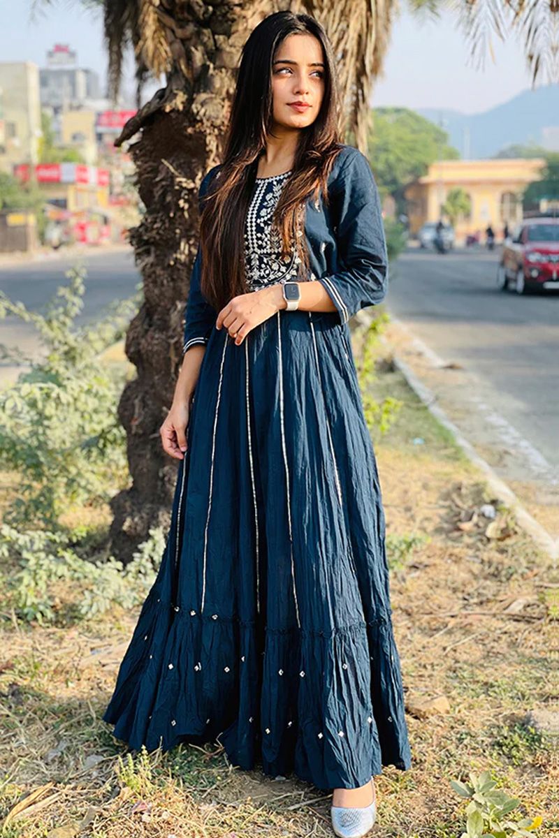 Fantastic Festival Wear Cotton Gown In Blue Color