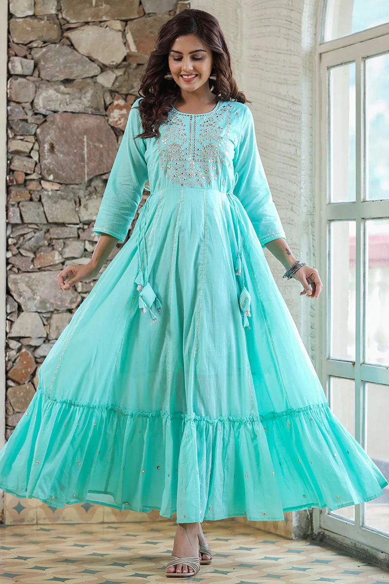 Awesome Festival Wear Cotton Gown In Sky Blue Color