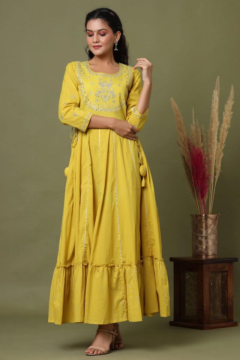 Yellow Color Lovely Festival Wear Cotton Gown