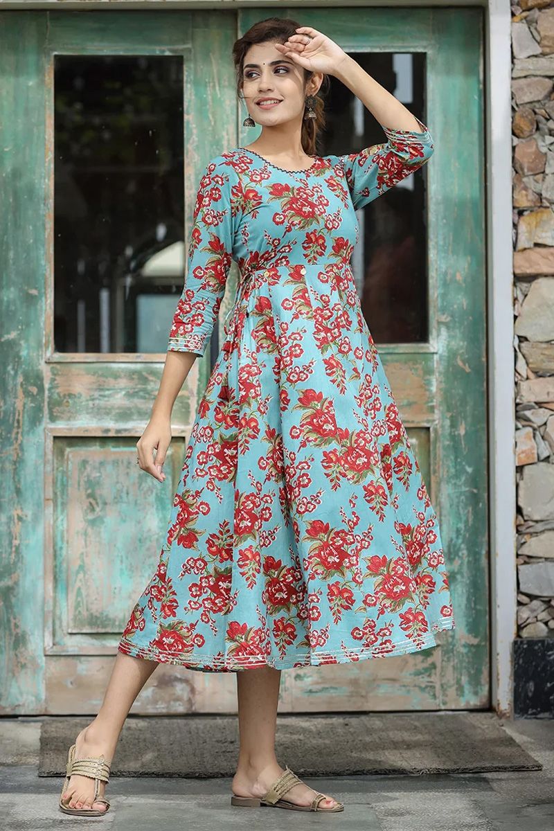 Cyan Color Floral Printed Cotton Ethnic Kurti