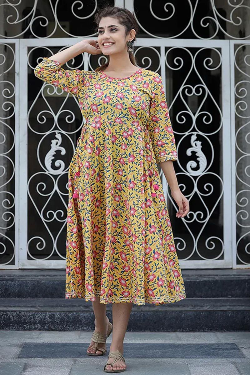 Yellow Color Floral Printed Cotton Ethnic Kurti