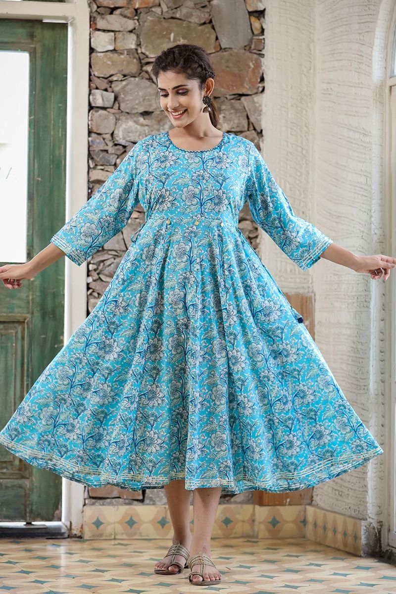 Sky Blue Floral Printed Cotton Ethnic Kurti