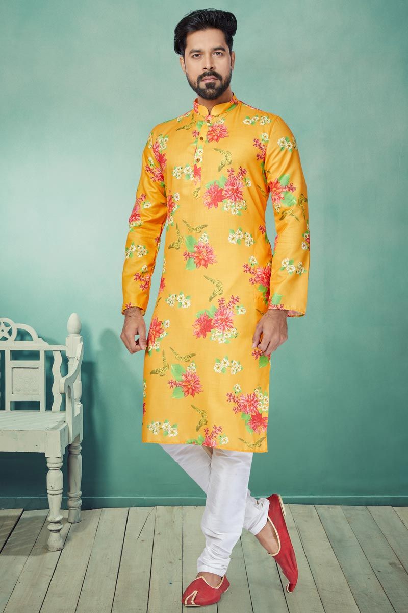 Pretty Cotton Fabric Sangeet Wear Readymade Men Printed Kurta Pyjama In Mustard Color