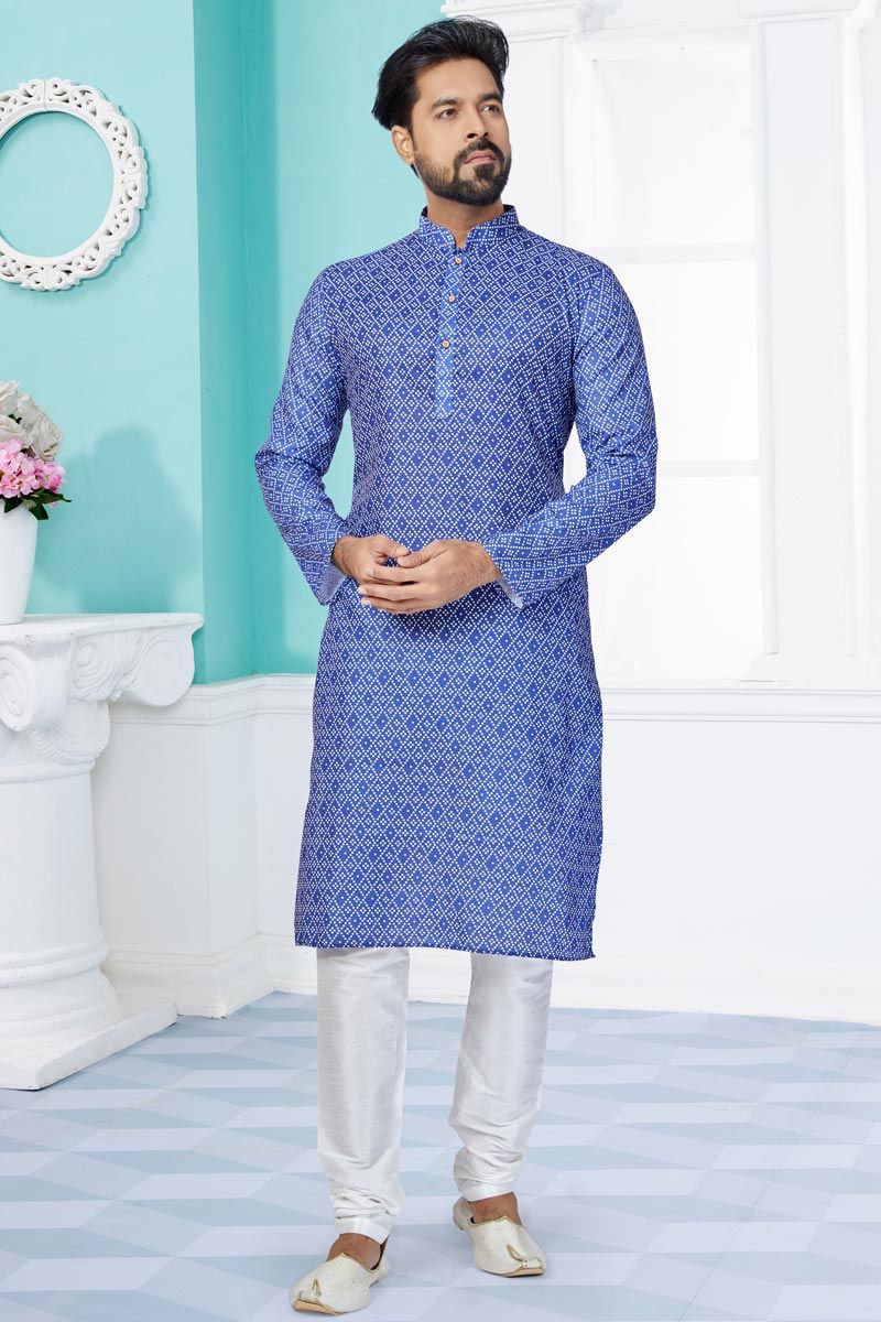 Beautiful Blue Color Wedding Wear Readymade Printed Kurta Pyjama For Men In Cotton Fabric