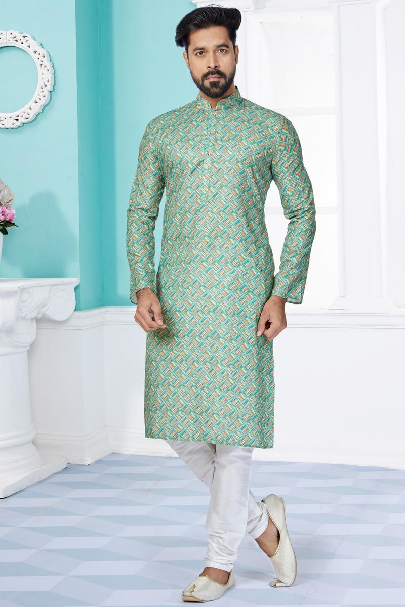 Reception Wear Attractive Readymade Men Printed Kurta Pyjama In Sea Green Color