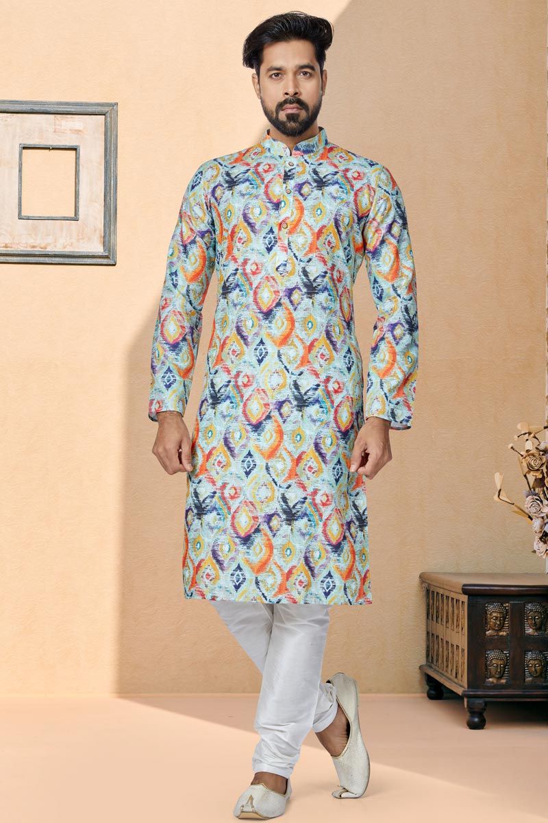 Function Wear Readymade Glamorous Printed Kurta Pyjama For Men In Cotton Fabric