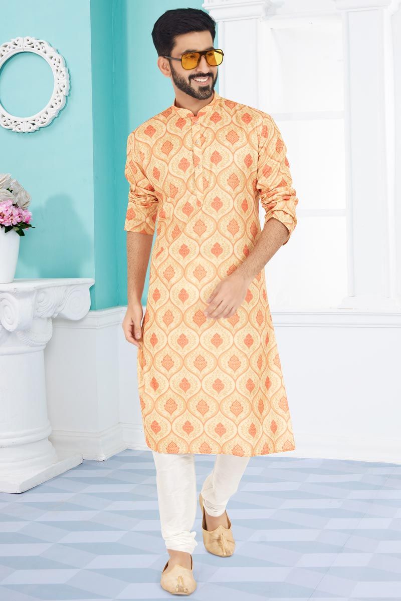 Peach Cotton Graceful Readymade Men Printed Kurta Pyjama For Festive Wear