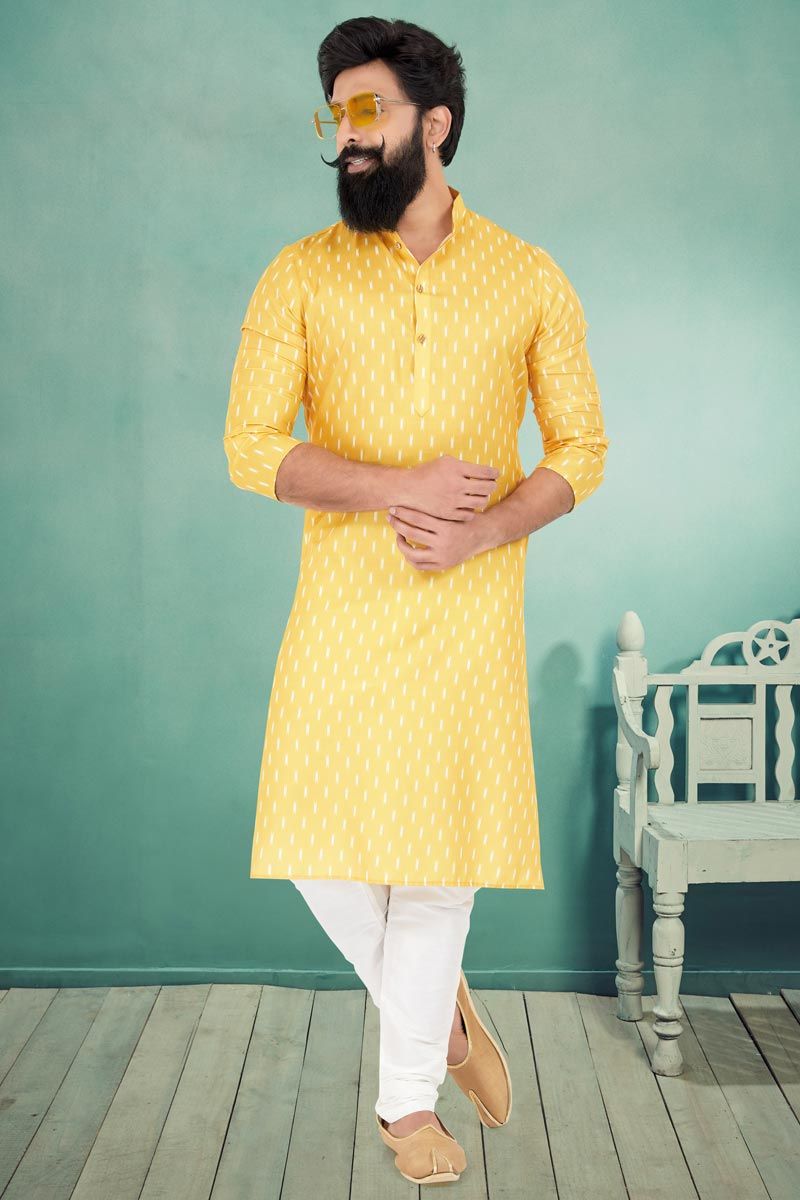 Cotton Yellow Magnificent Readymade Men Printed Kurta Pyjama For Sangeet Wear