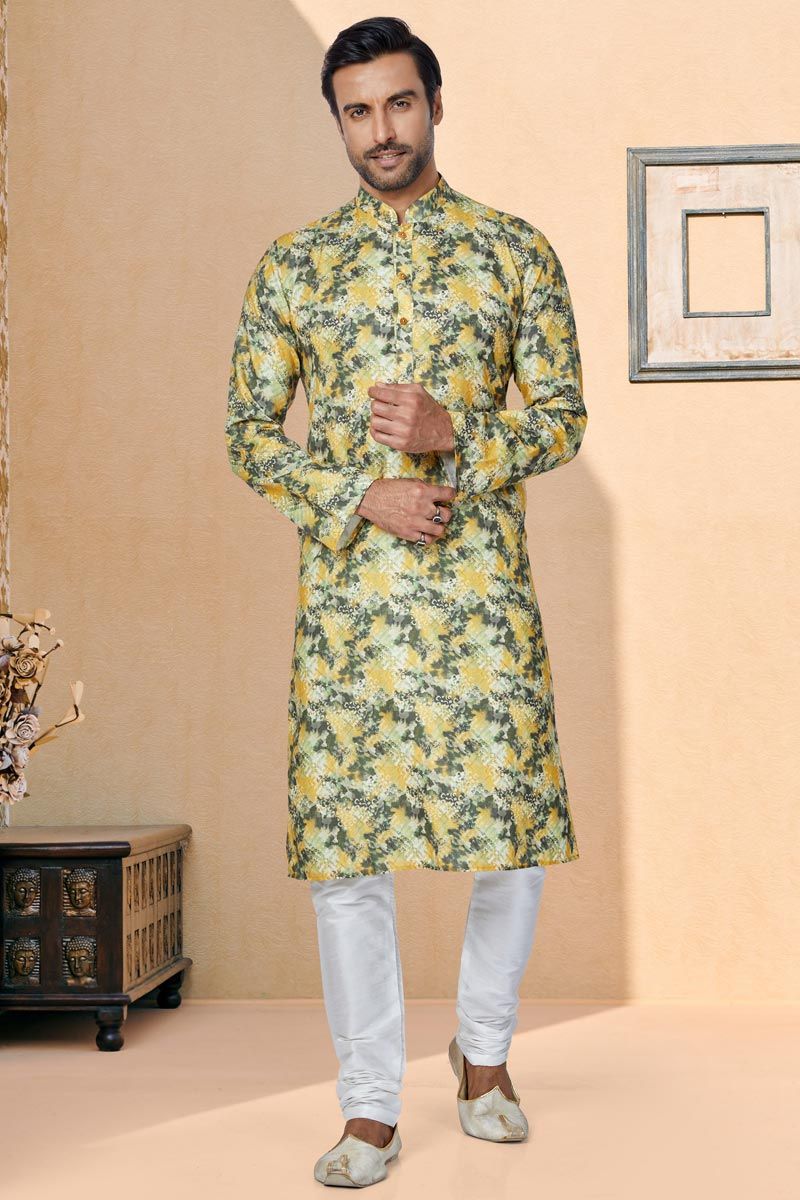 Yellow Color Reception Wear Readymade Cotton Fabric Printed Kurta Pyjama For Men