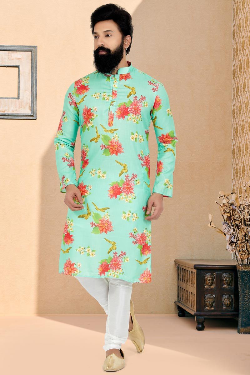 Festive Wear Readymade Printed Kurta Pyjama For Men In Sea Green Cotton Fabric