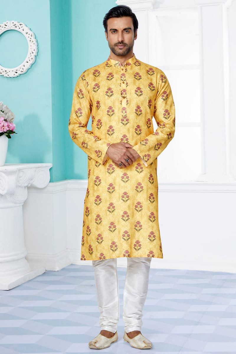 Sangeet Wear Readymade Printed Kurta Pyjama For Men In Cotton Yellow Color