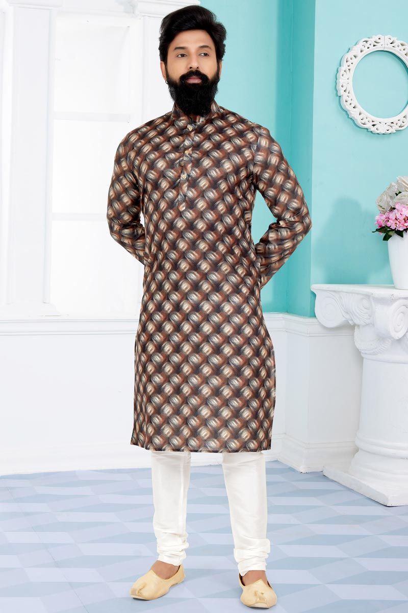 Coffee Color Cotton Fabric Function Wear Fancy Readymade Printed Kurta Pyjama For Men