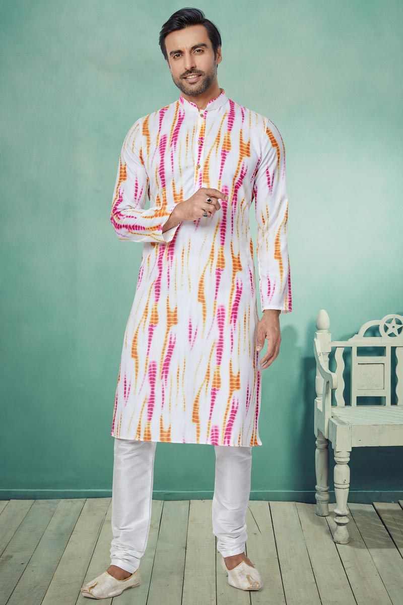 Cotton Fabric White Color Festive Wear Trendy Readymade Men Printed Kurta Pyjama