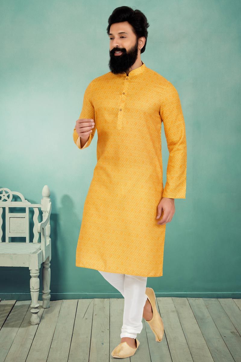 Yellow Color Sangeet Wear Cotton Fabric Designer Readymade Printed Kurta Pyjama For Men