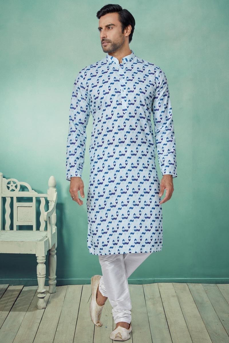 Appealing Light Blue Color Cotton Fabric Function Wear Printed Readymade Kurta Pyjama For Men