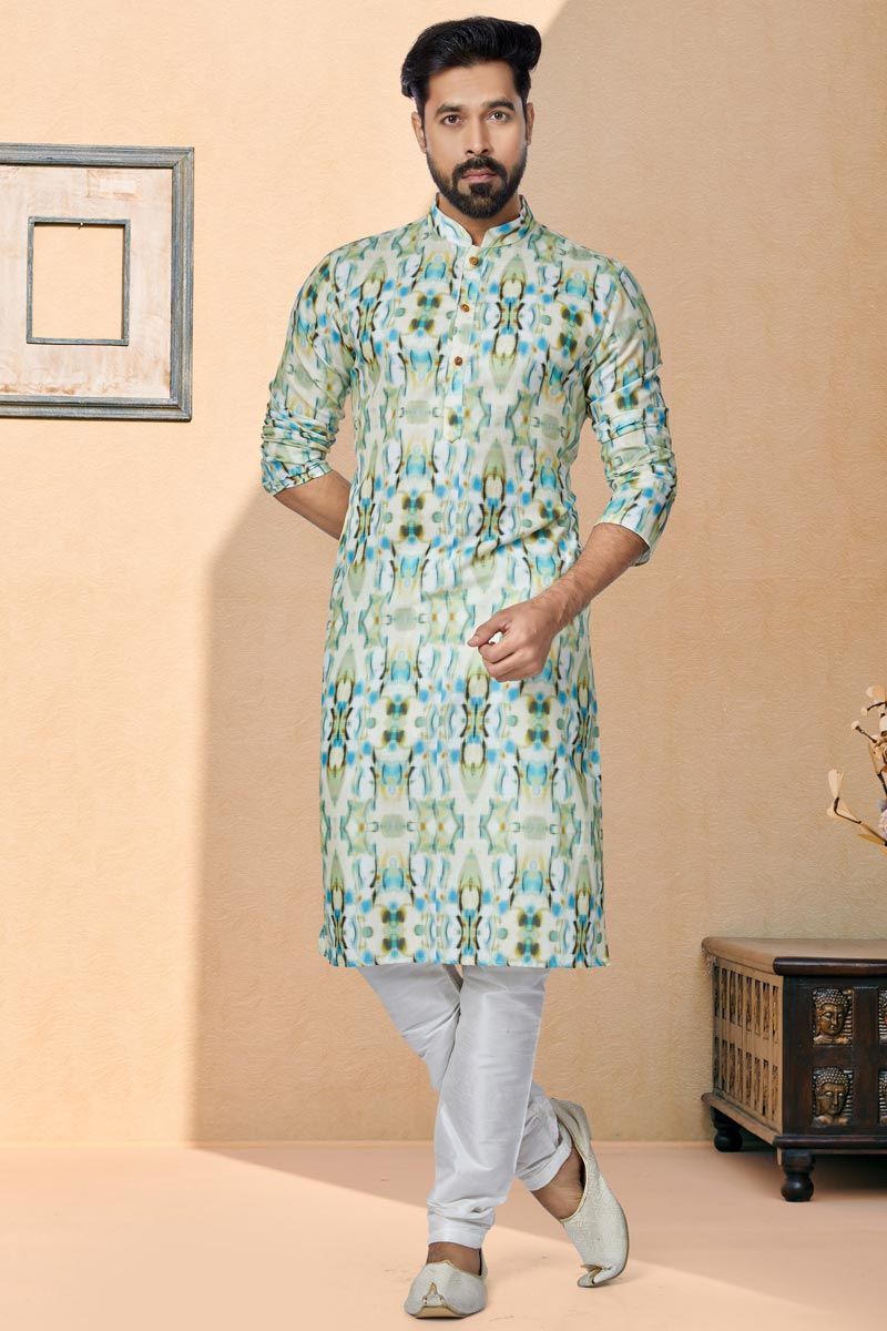 Light Cyan Color Engaging Cotton Fabric Festive Wear Printed Readymade Kurta Pyjama For Men