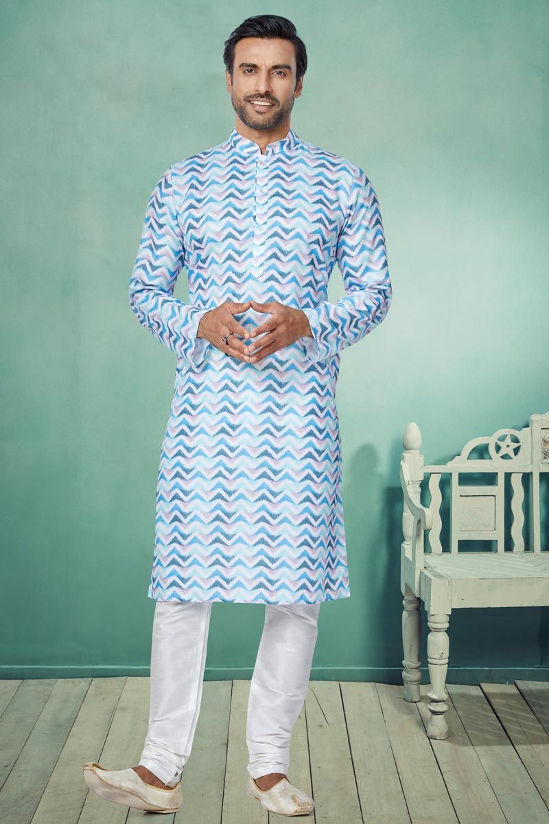 Multi Color Cotton Fabric Festive Wear Captivating Printed Readymade Kurta Pyjama For Men