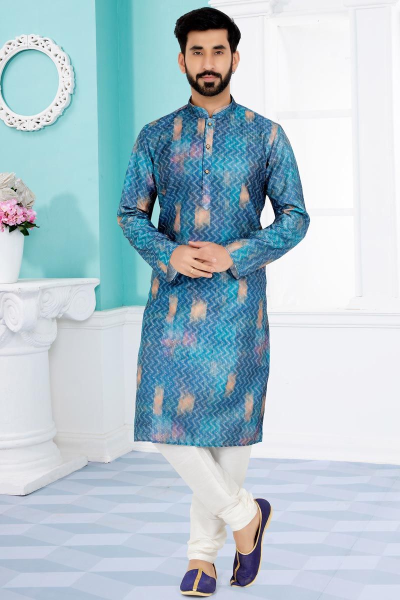 Lovely Blue Color Festive Wear Printed Readymade Kurta Pyjama For Men