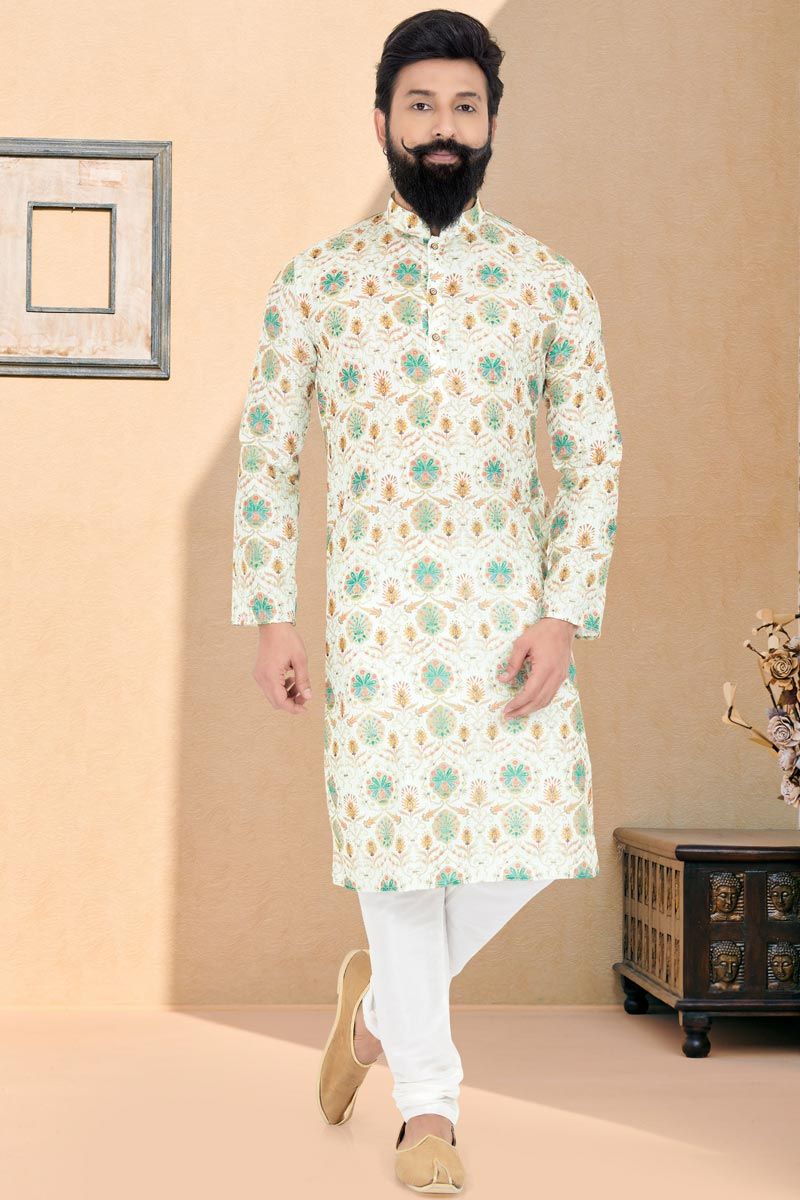 Fancy Beige Color Wedding Wear Readymade Designer Men Printed Kurta Pyjama