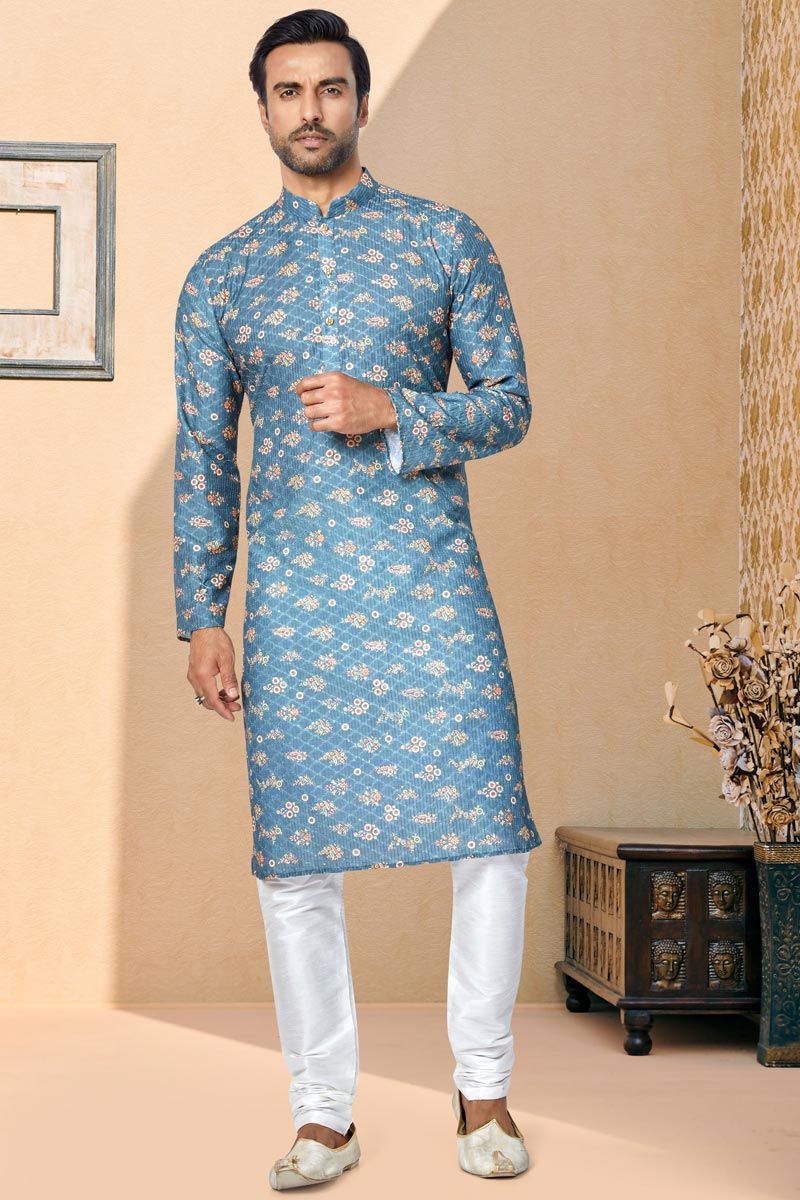 Festive Wear Readymade Printed Kurta Pyjama For Men In Blue Fancy Fabric