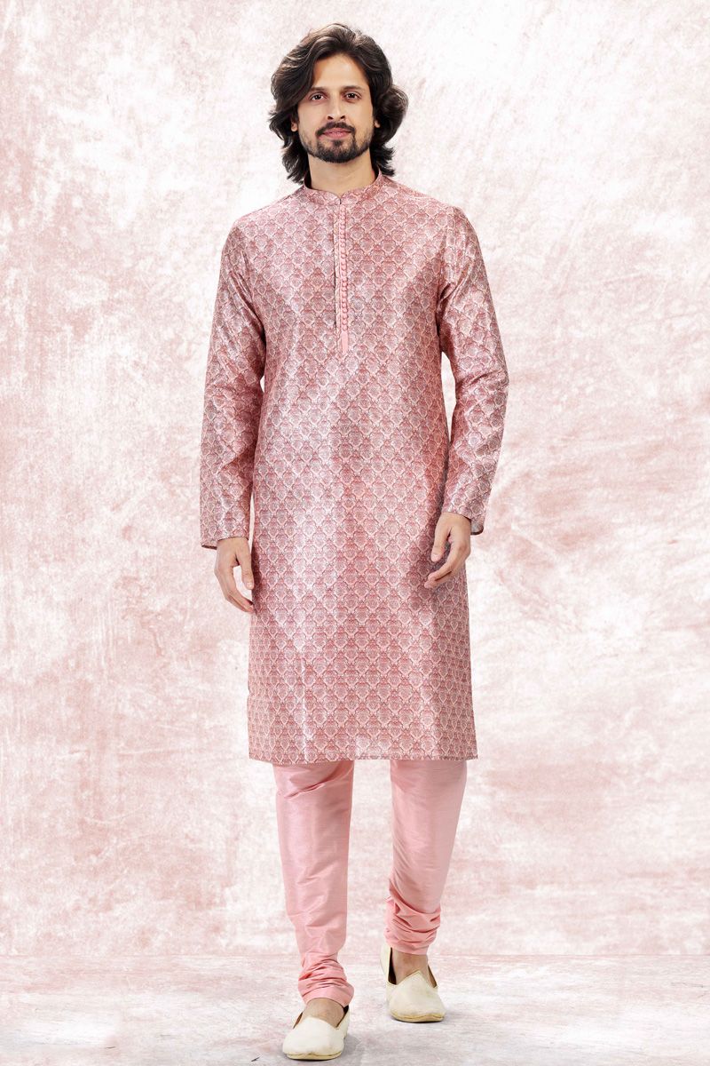 Pink Banarasi Art Silk Ceremonial Kurta Pyjama