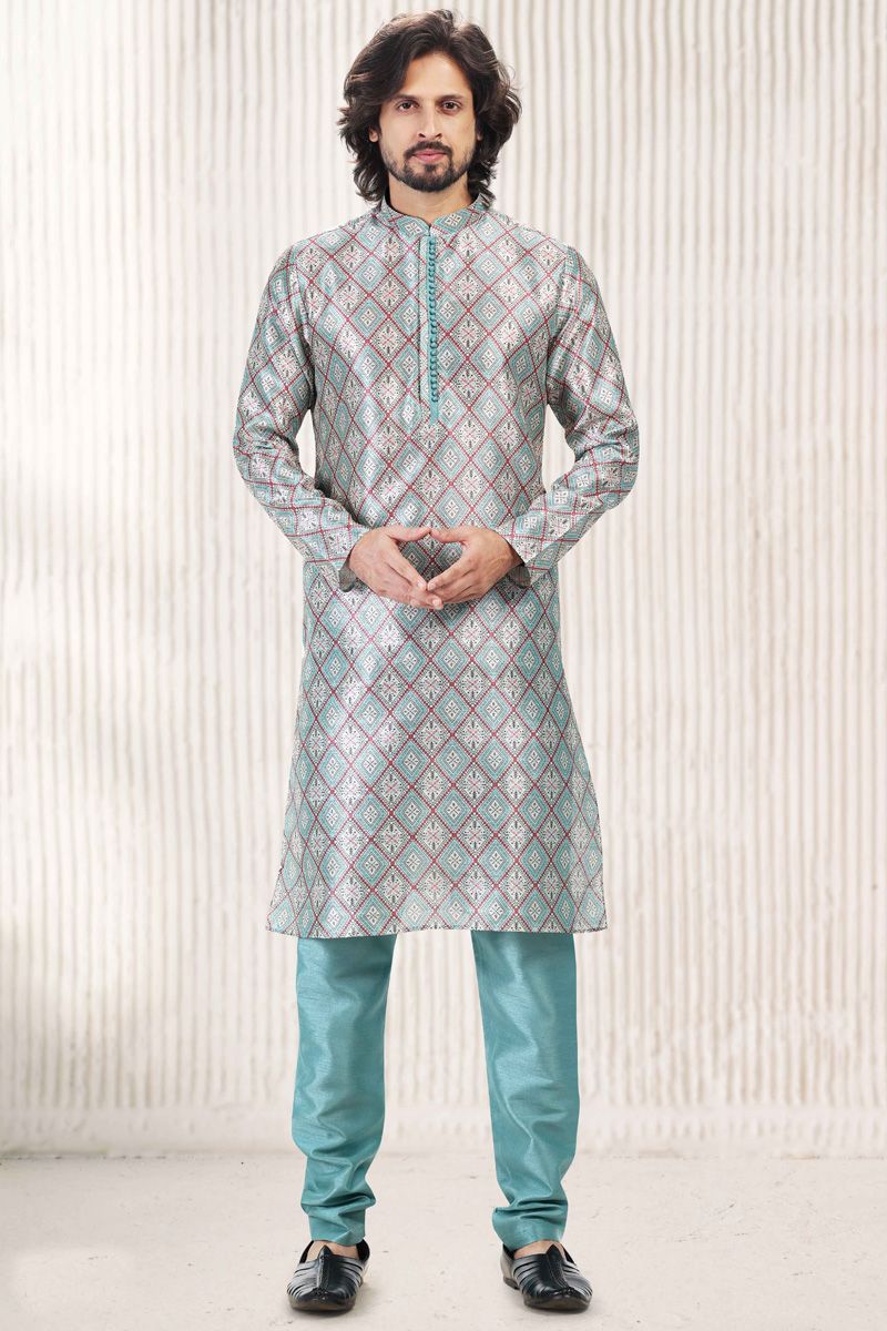 Banarasi Art Silk Fancy Kurta Pyjama In Sea Green